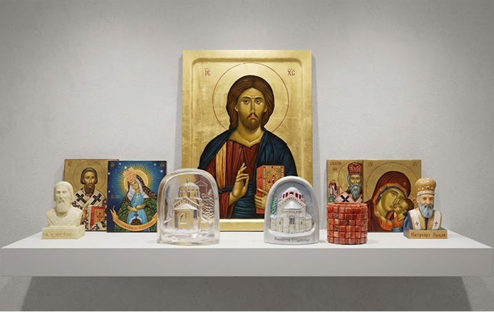 Atelje Milunović - Početna slika sa ikonama, skulpturama i reljefima